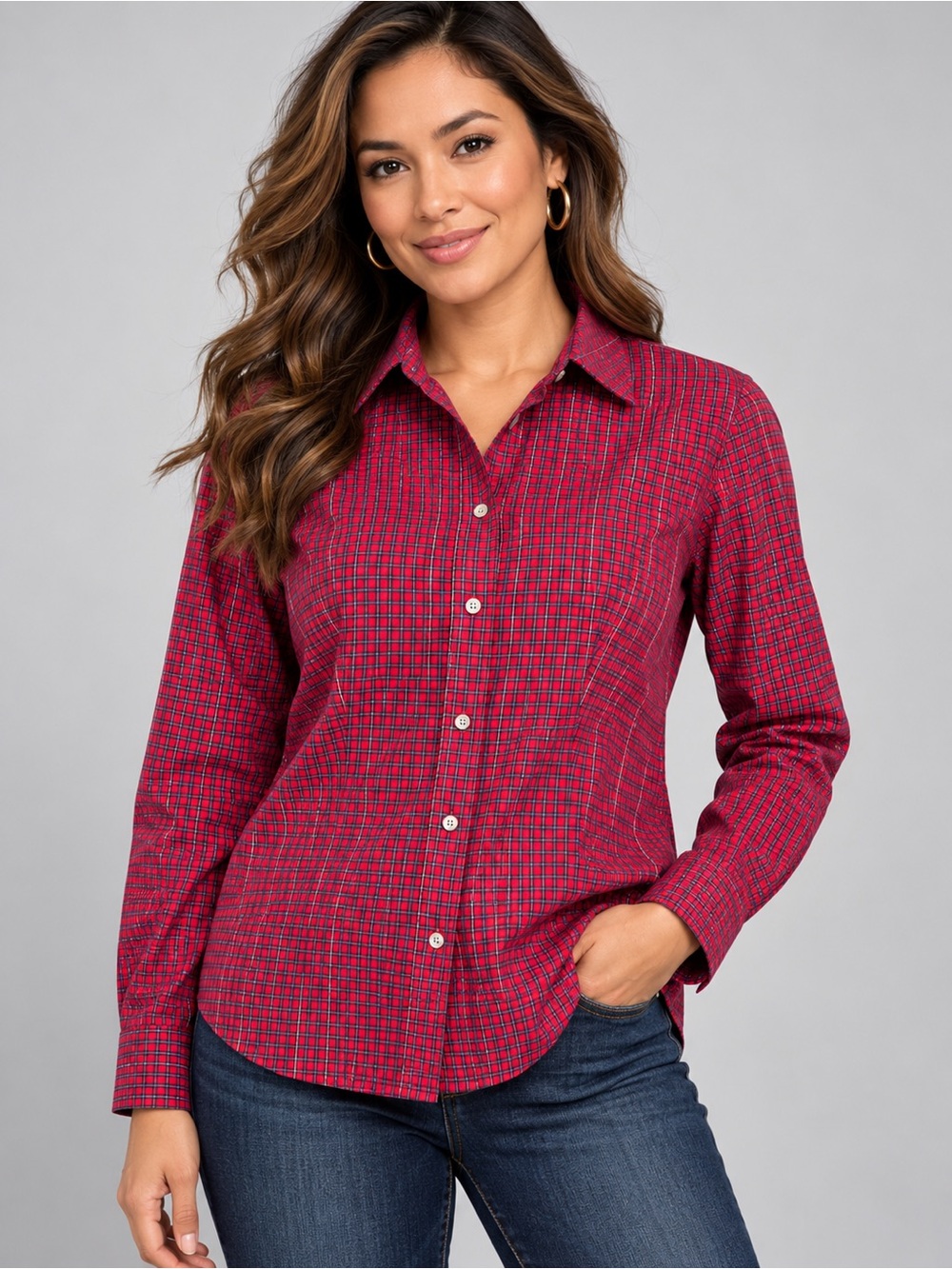 Talbots Red Plaid Button Down Shirt Metallic Thread Wrinkle Resistant Size 14